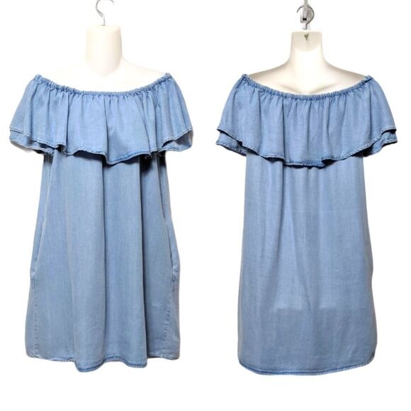 ZARA WOMAN Flounce Off Shoulder Chambray Dress S - Picture 1 of 8